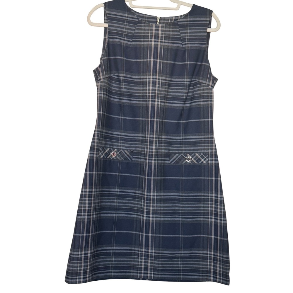 Tommy Hilfiger Navy Blue Grey Plaid Sleeveless Shift Dress Sz 12 Preppy Minimal